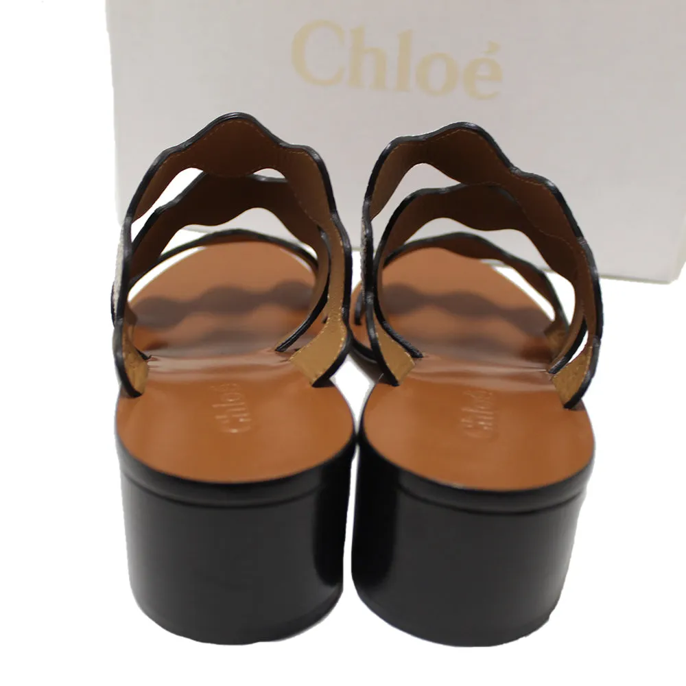 Authentic New Chloe Eternal Grey Leather Scalloped Tripstraps Chunky Heels Sandals CH28651 Size 37