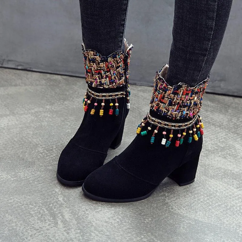 Embellished High Chunky Heel Suede Ankle Boots