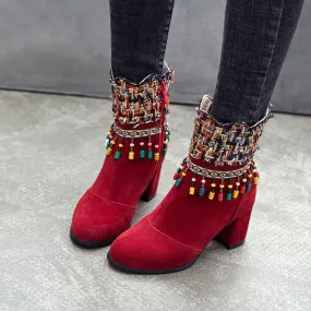 Embellished High Chunky Heel Suede Ankle Boots