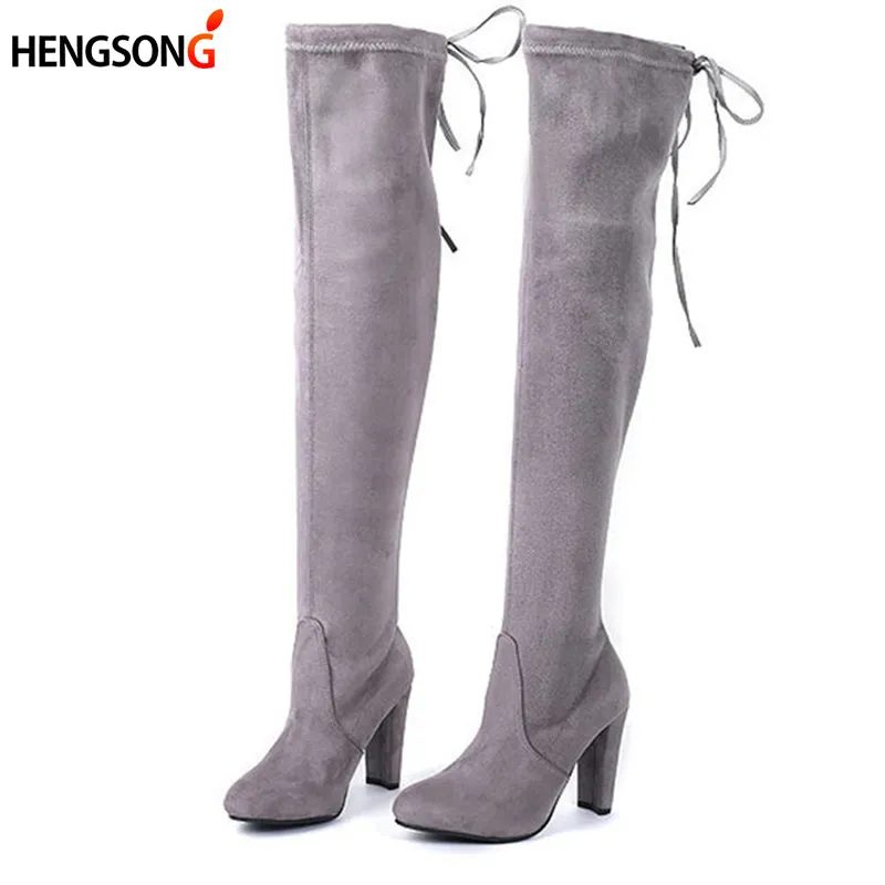 Faux Suede Women Over The Knee Boots Lace Up Sexy High Heels Shoes Woman Female Slim Thigh High Boots Botas Winter Shoes 34-43