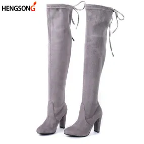 Faux Suede Women Over The Knee Boots Lace Up Sexy High Heels Shoes Woman Female Slim Thigh High Boots Botas Winter Shoes 34-43