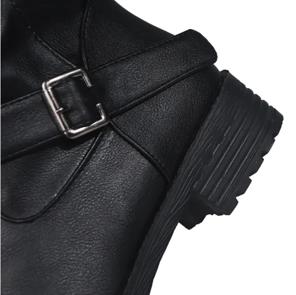 Knee High Leather Low Heel Buckle Boot