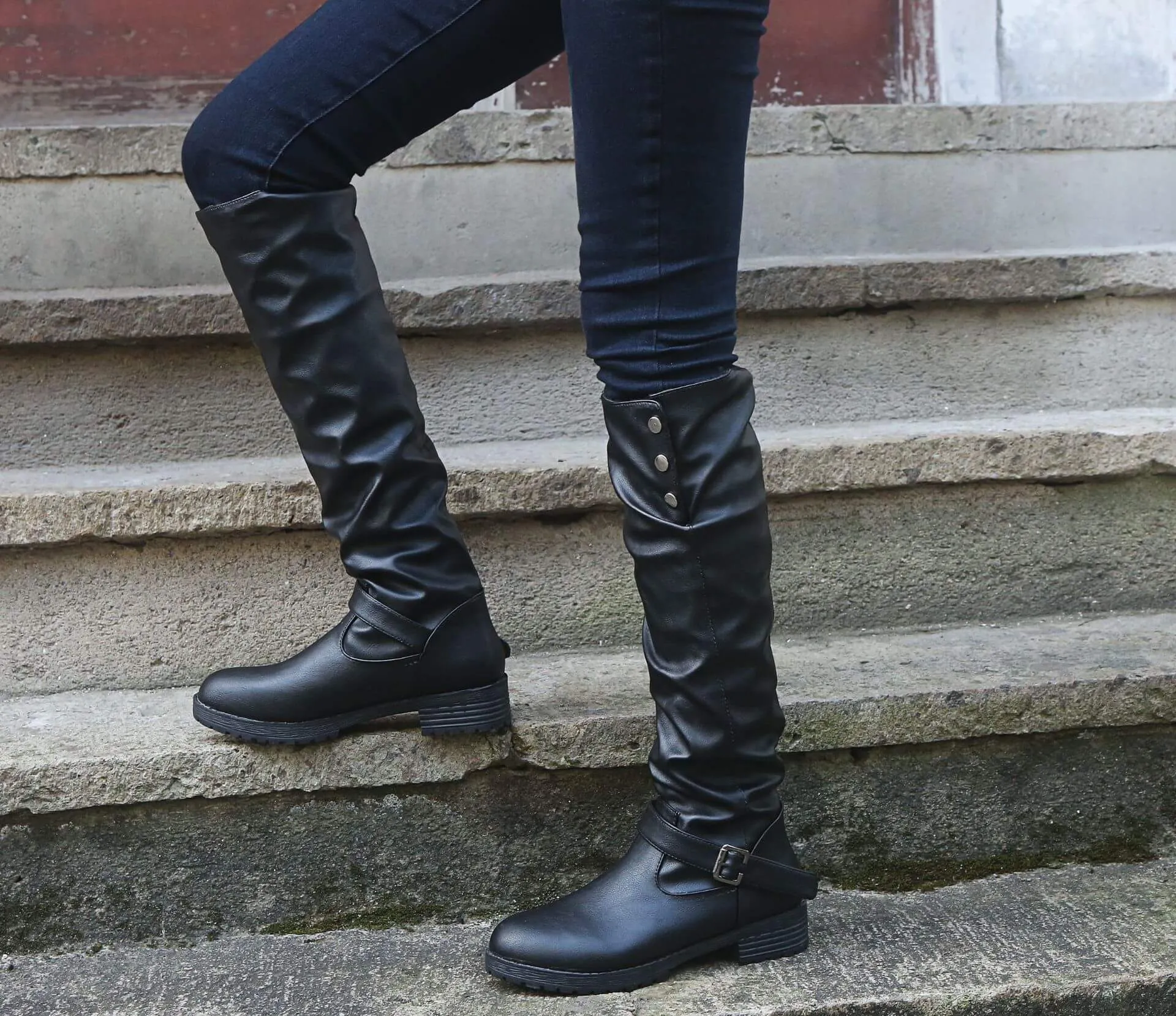 Knee High Leather Low Heel Buckle Boot
