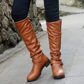 Knee High Leather Low Heel Buckle Boot