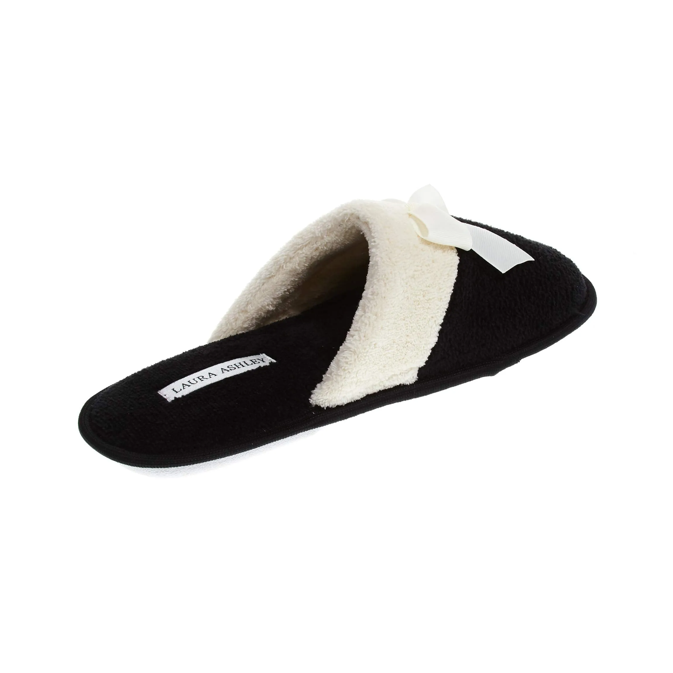 Laura Ashley Ladies Terry Scuff Slipper with Bow, Black