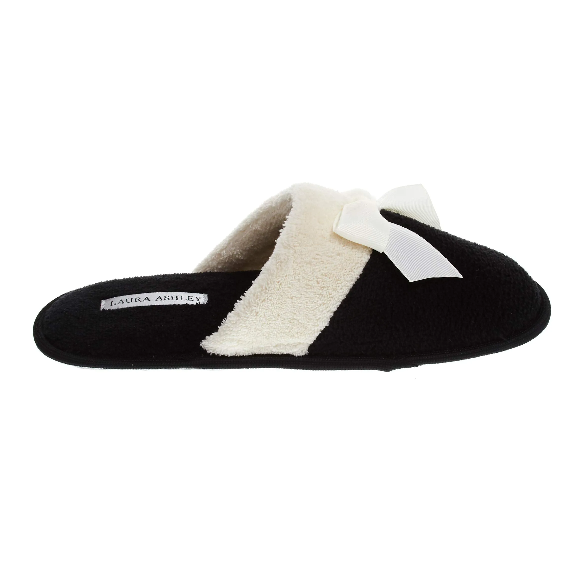 Laura Ashley Ladies Terry Scuff Slipper with Bow, Black