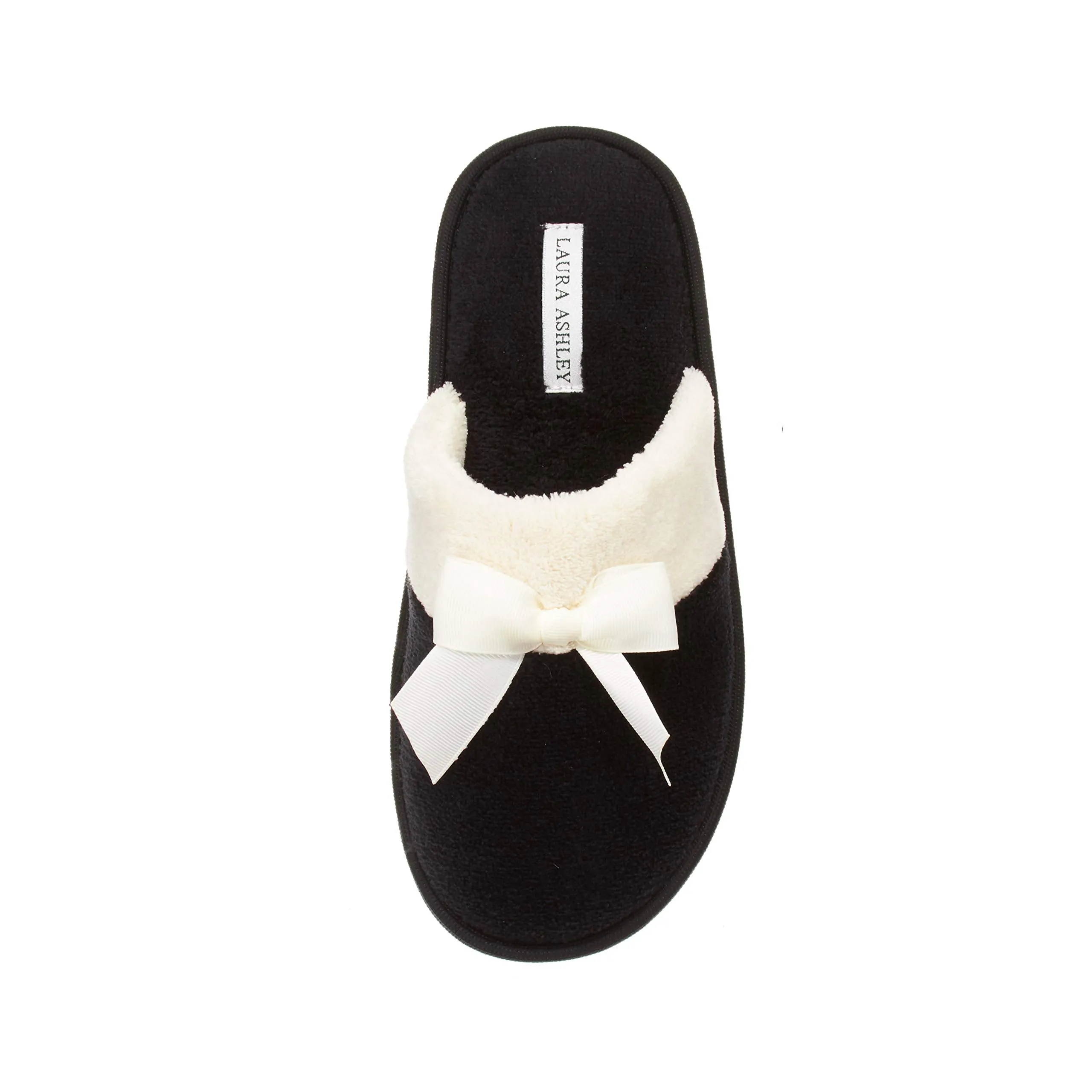 Laura Ashley Ladies Terry Scuff Slipper with Bow, Black