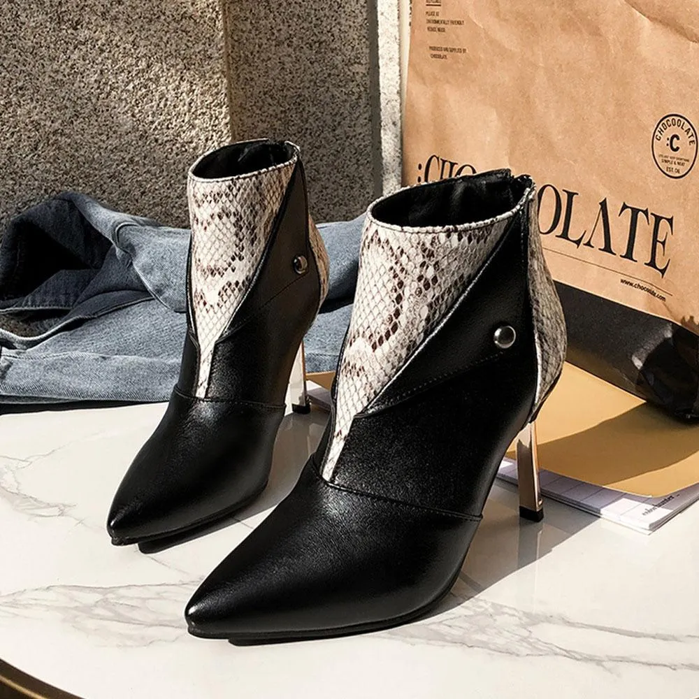 Leather Snakeskin Point Toe Ankle Boots