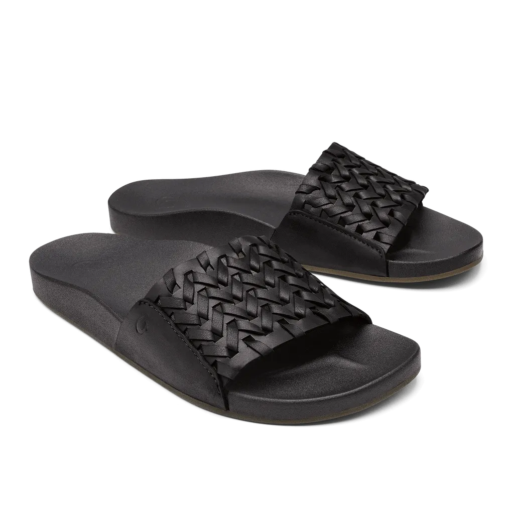 OluKai Women's Kamola Leather Slides- Black