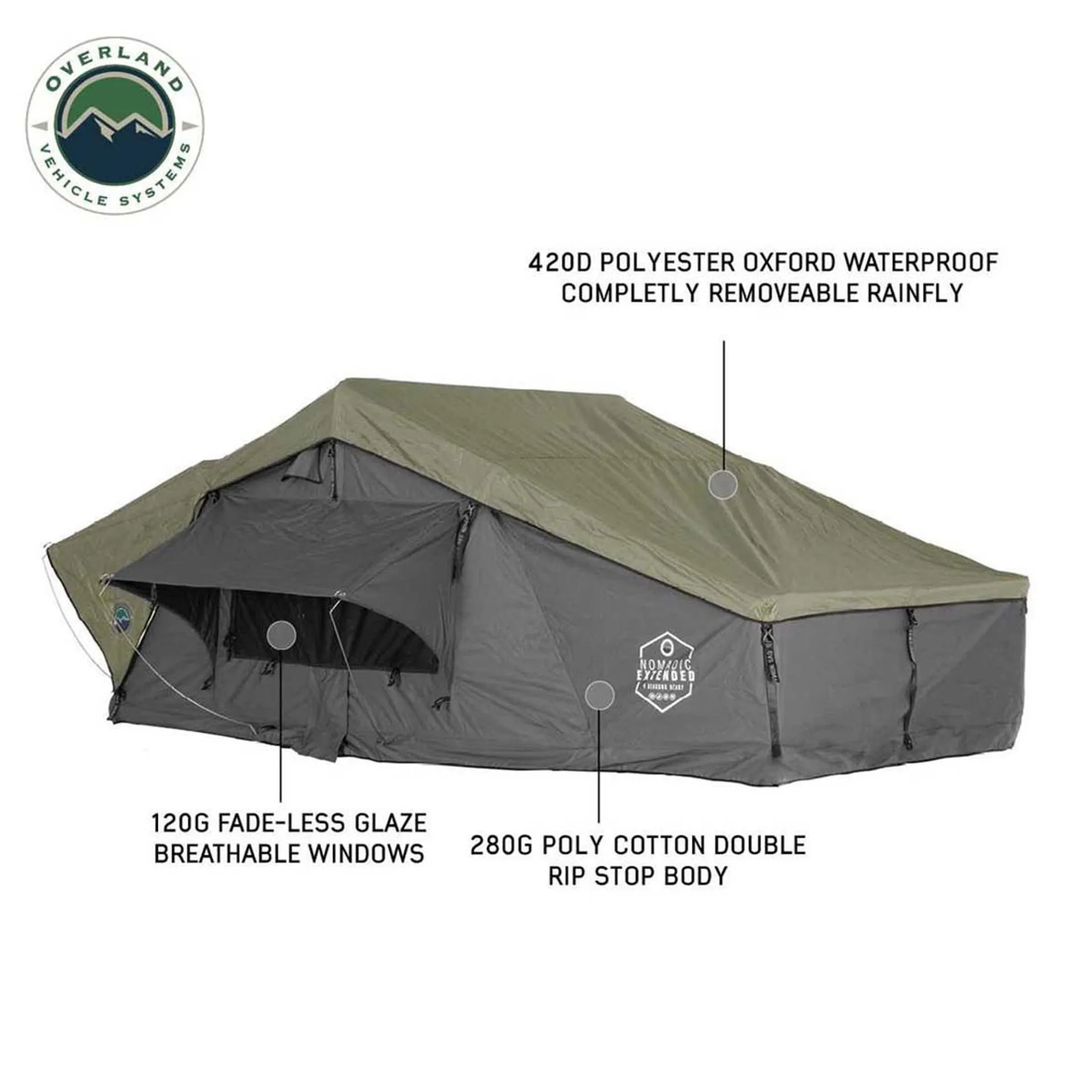 Overland Vehicle Systems HD Nomadic 3 Extended Soft Shell Roof Top Tent - Grey Body & Green Rainfly