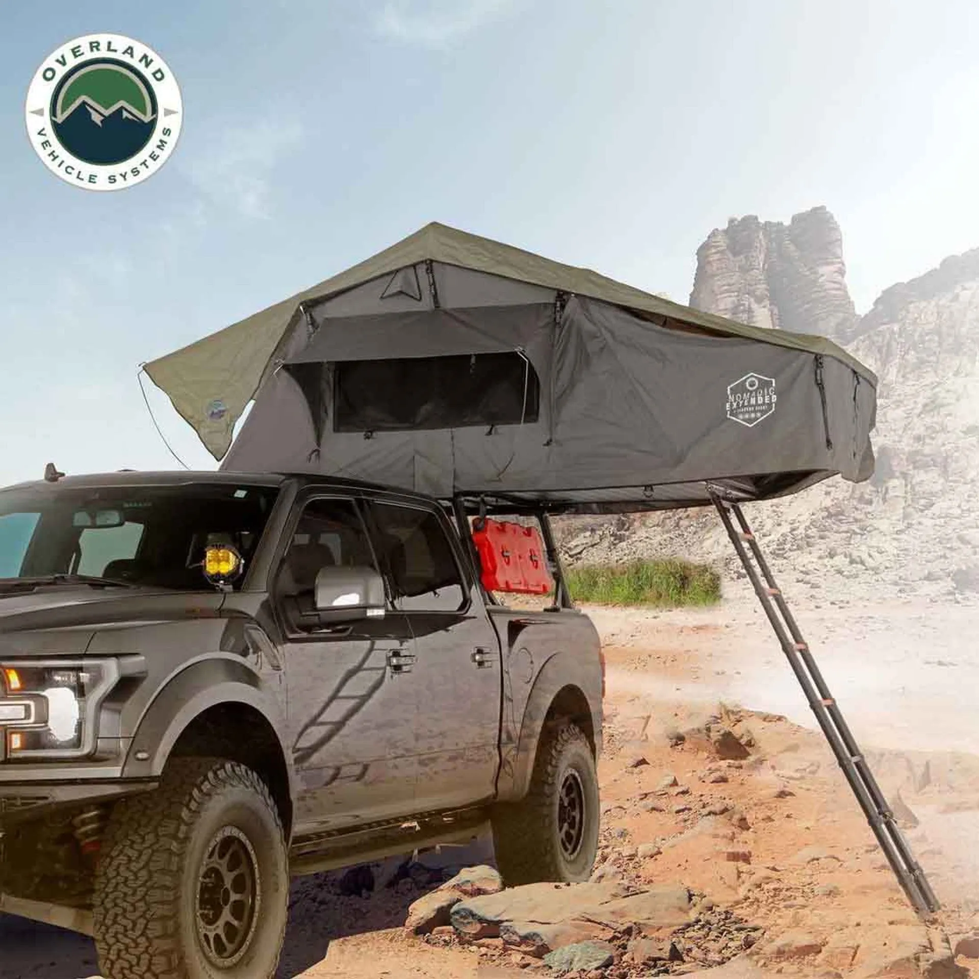 Overland Vehicle Systems HD Nomadic 3 Extended Soft Shell Roof Top Tent - Grey Body & Green Rainfly