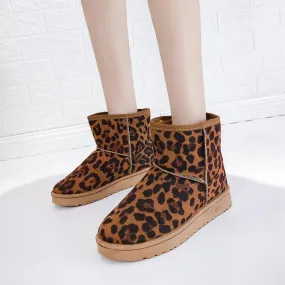 Round Toe Snow Lepoard Suede Flat Boots