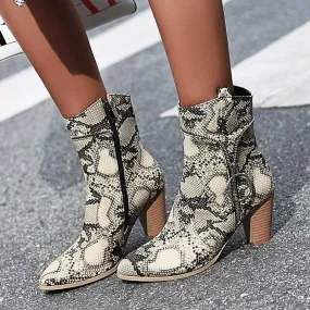 Snakeskin Leather Zipper High Heel Ankle Boots