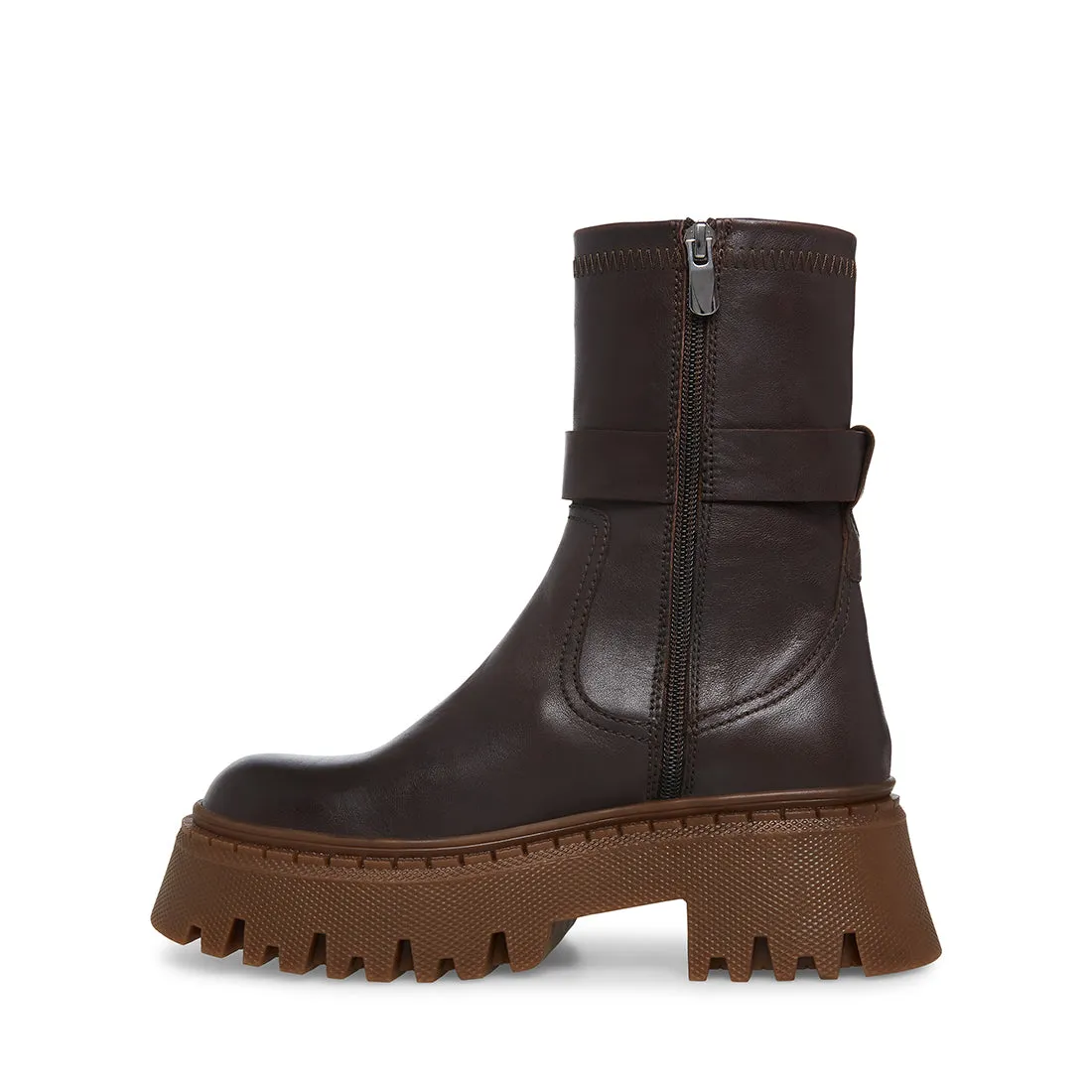 Steve Madden Ankle Boot Everly Brown Leather Lugged Sole Ankle Combat Boots