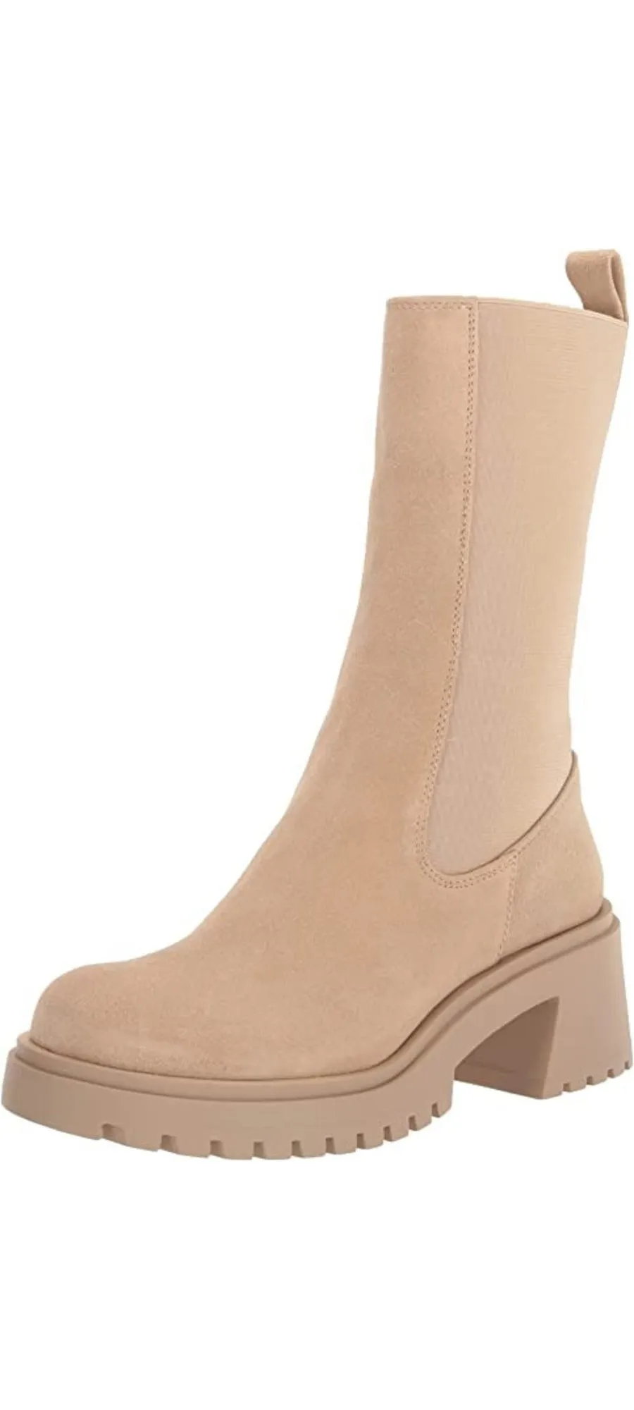 Steve Madden Hesitant Sand Suede Block Heel Pull On Mid Calf Fashion Moto Boots