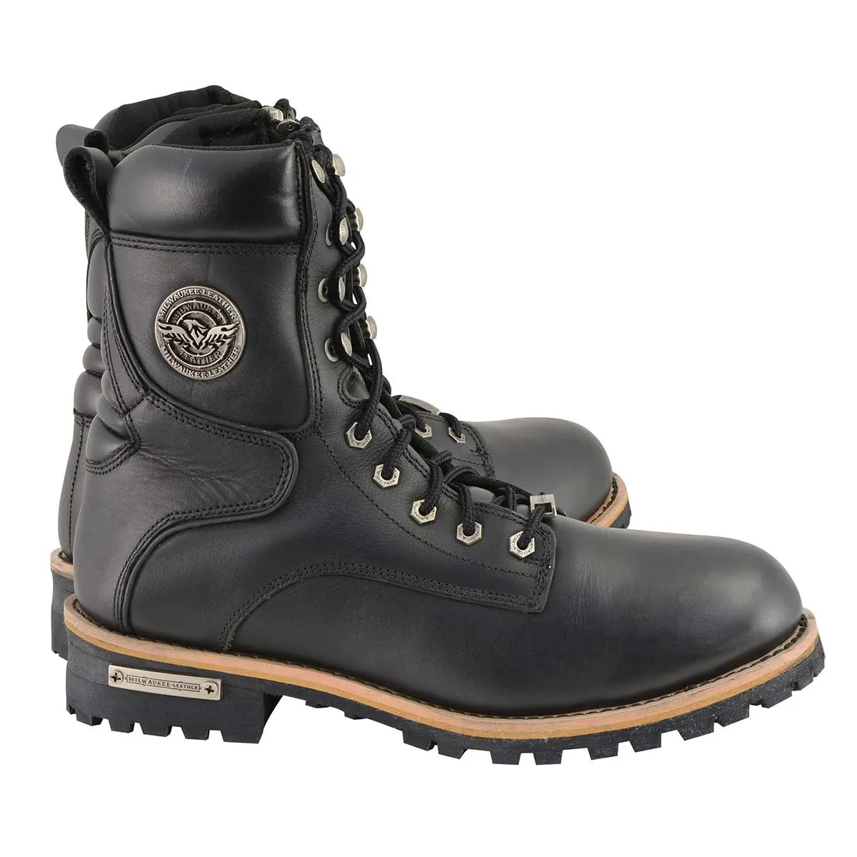 WIDE MBM9095W Men's Classic Black ‘Wide Width’ Lace-Up Logger Boots with Side Zipper
