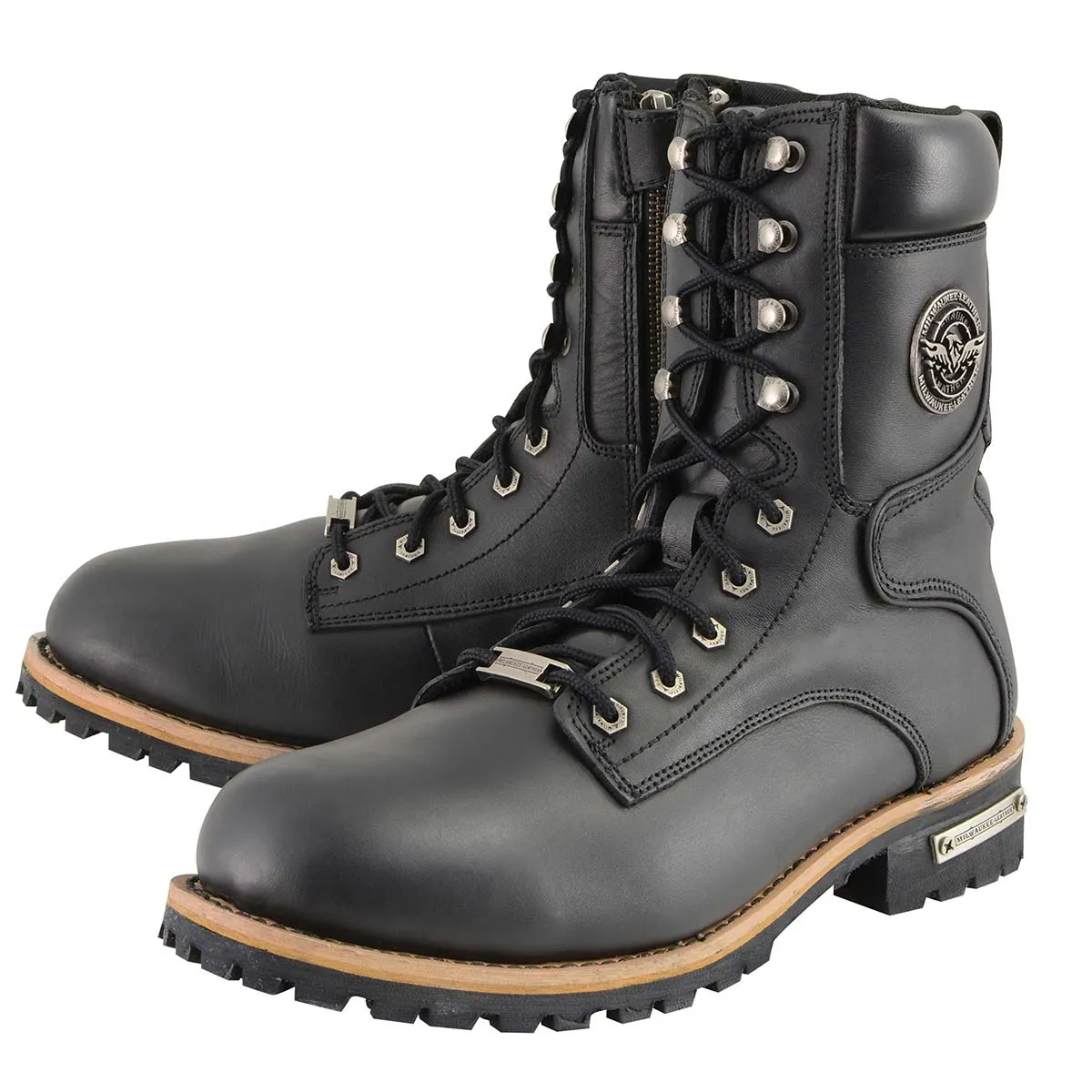 WIDE MBM9095W Men's Classic Black ‘Wide Width’ Lace-Up Logger Boots with Side Zipper