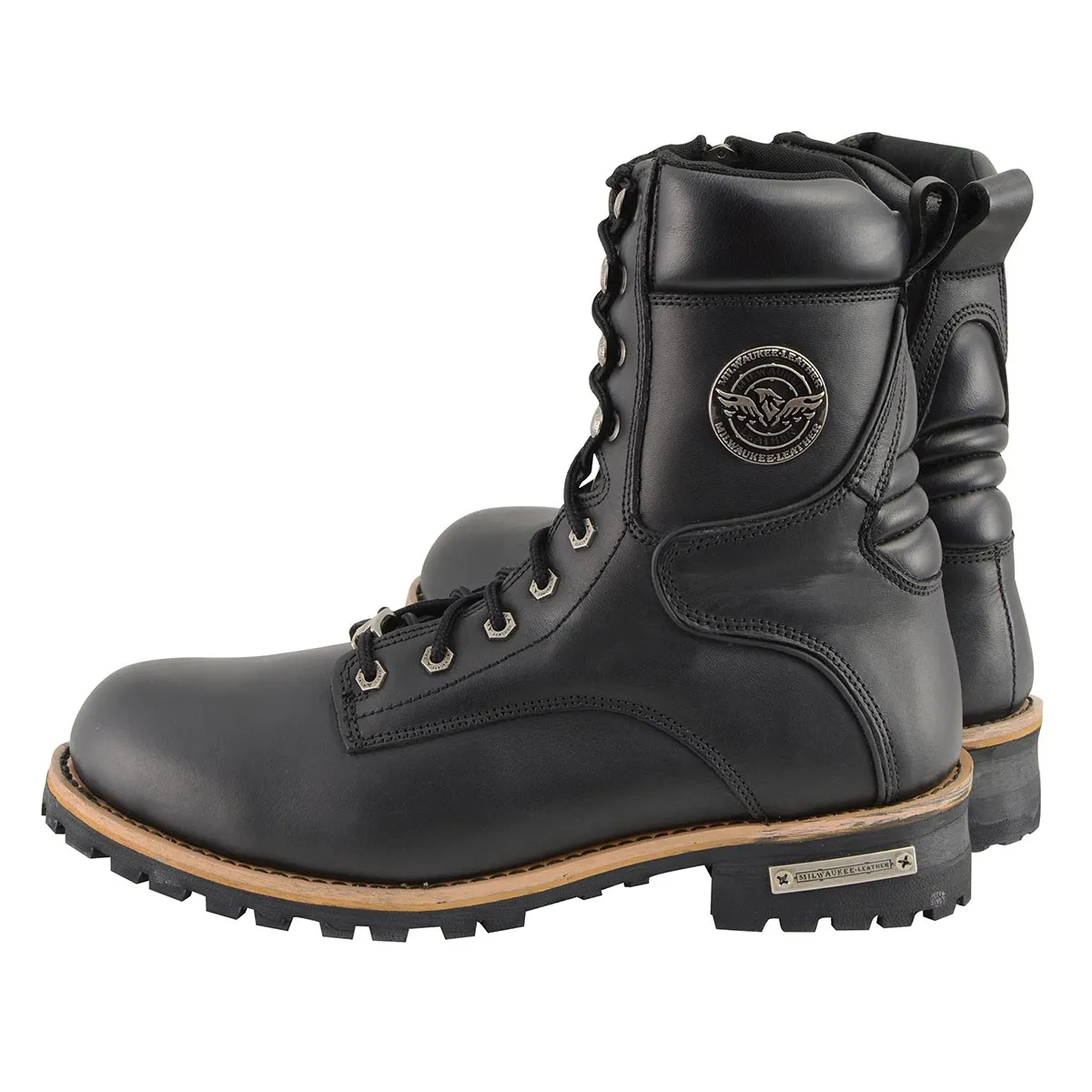 WIDE MBM9095W Men's Classic Black ‘Wide Width’ Lace-Up Logger Boots with Side Zipper