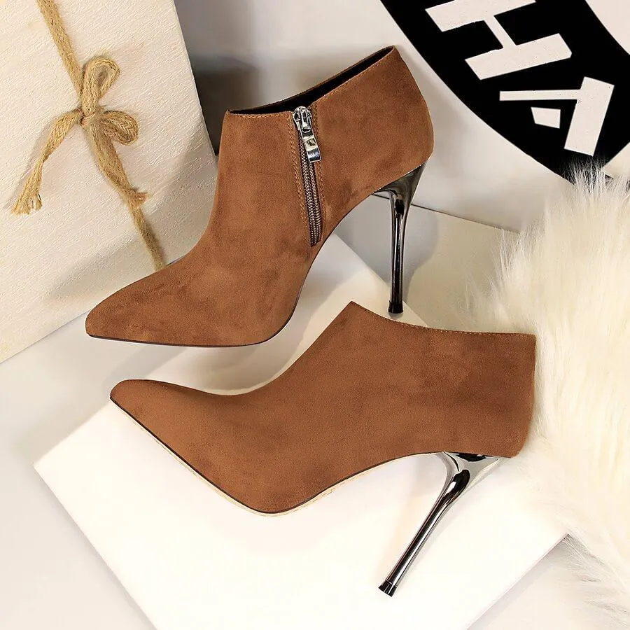 Winter Suede Point Toe Zipper High Heel Ankle Boots