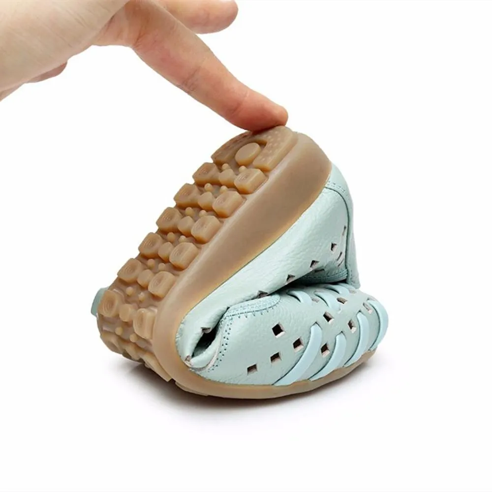Women Hollow Out Genuine Leather Slip On Loafers Casual Shoes Sandals Flats