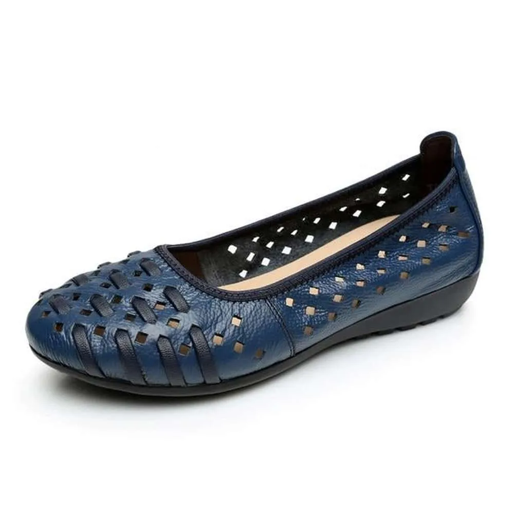 Women Hollow Out Genuine Leather Slip On Loafers Casual Shoes Sandals Flats