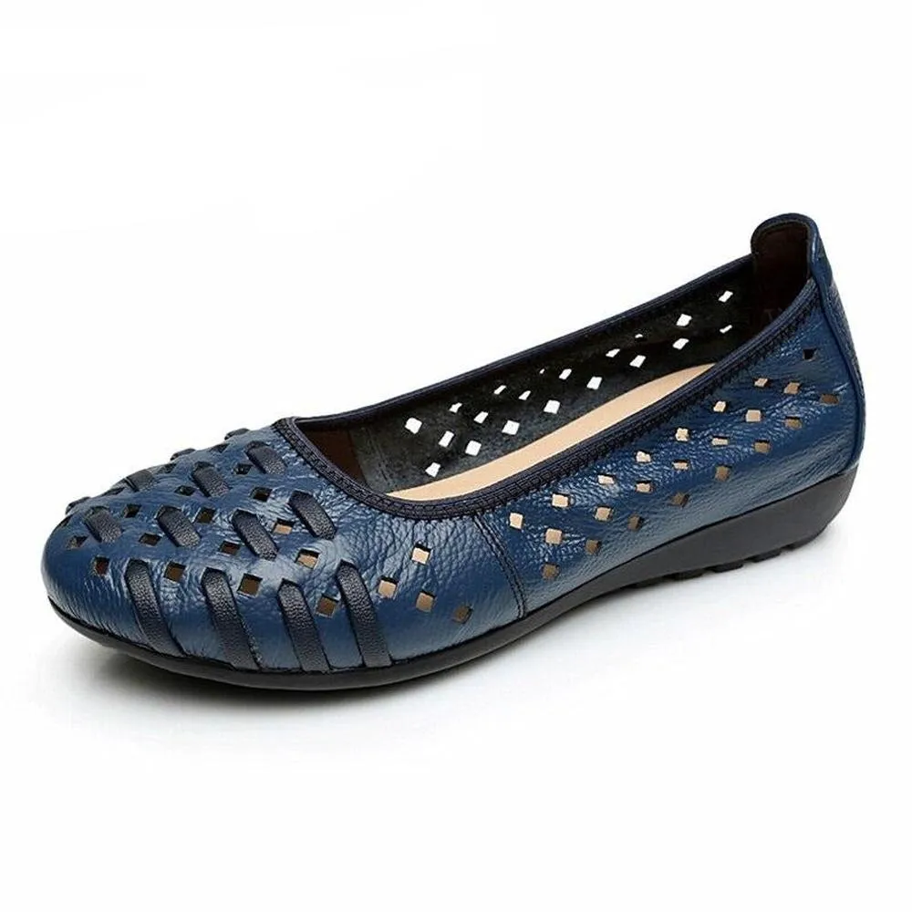 Women Hollow Out Genuine Leather Slip On Loafers Casual Shoes Sandals Flats