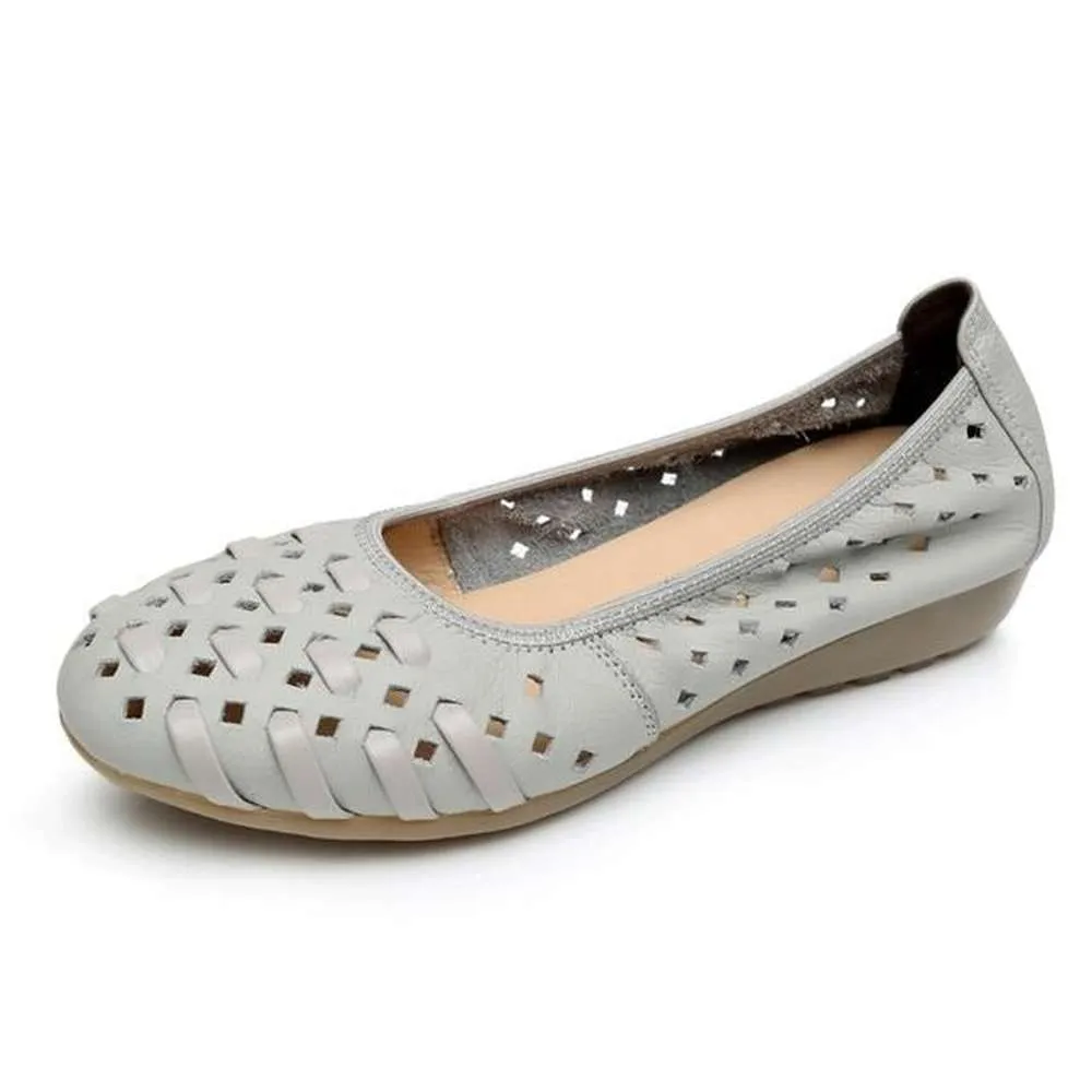 Women Hollow Out Genuine Leather Slip On Loafers Casual Shoes Sandals Flats