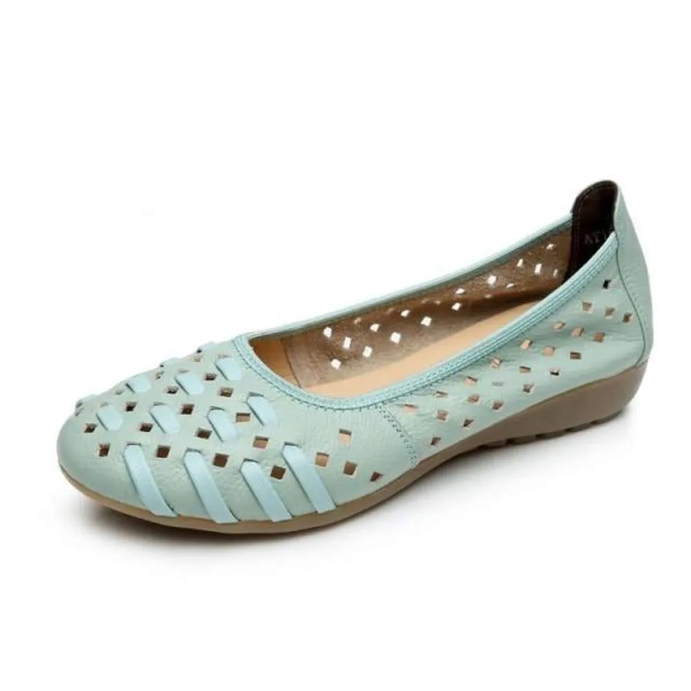 Women Hollow Out Genuine Leather Slip On Loafers Casual Shoes Sandals Flats