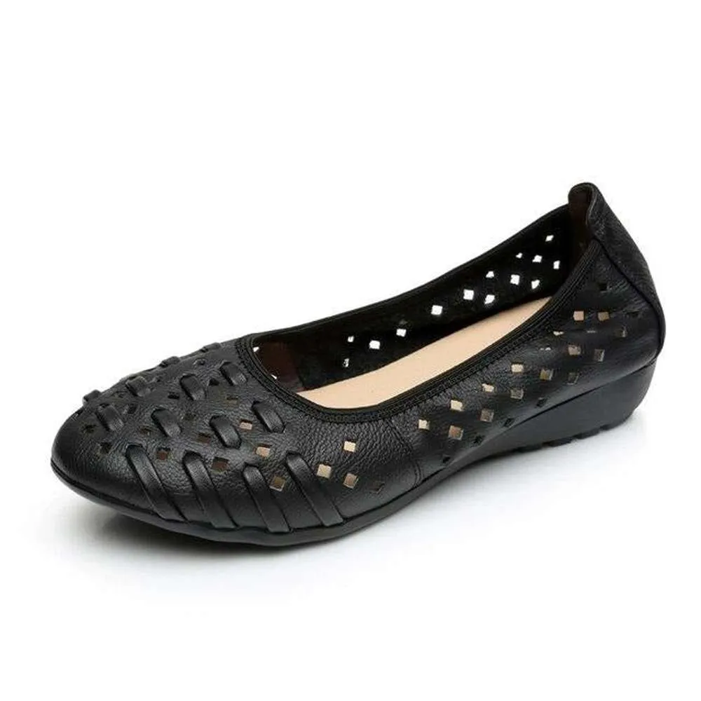 Women Hollow Out Genuine Leather Slip On Loafers Casual Shoes Sandals Flats