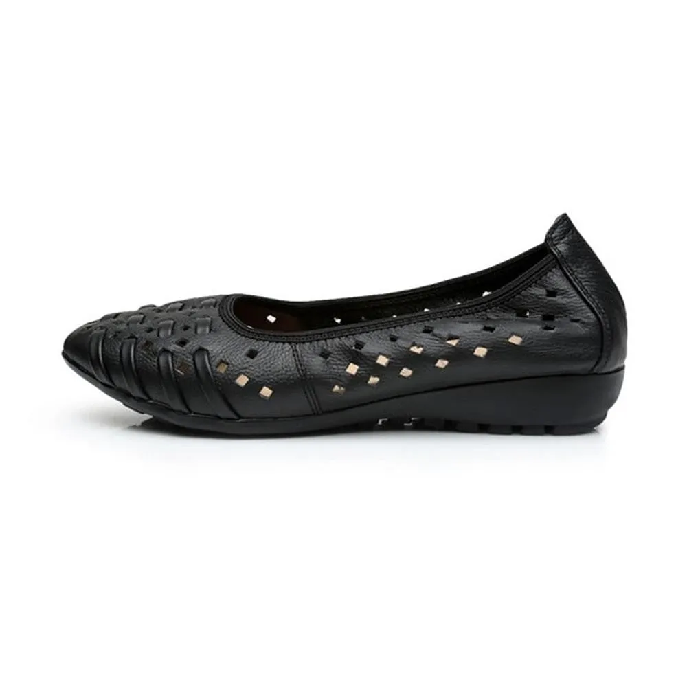Women Hollow Out Genuine Leather Slip On Loafers Casual Shoes Sandals Flats